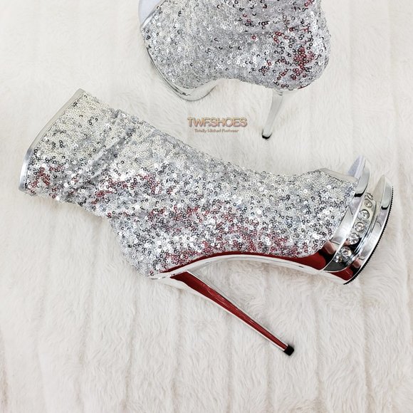 Blondie Luxurious Silver Sequin Slouchy Shaft High Heel Ankle Boots 1008 - Picture 3 of 13